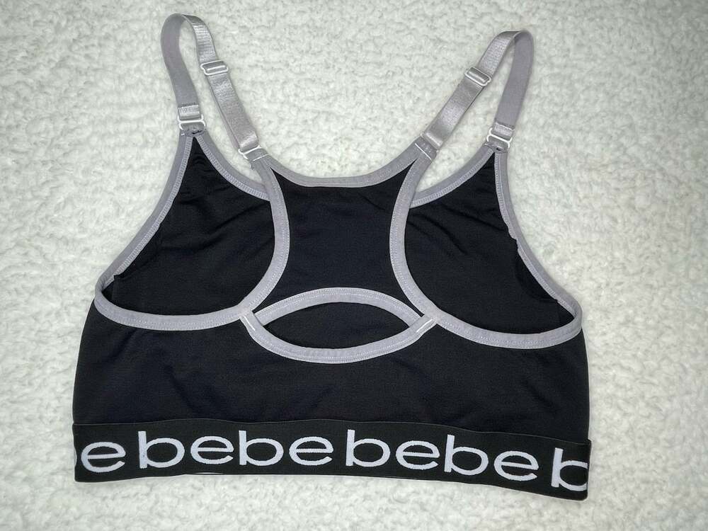 bebe Sport Womens L Adjustable Straps Logo Unpadded Bra Black Gray Racerback EUC